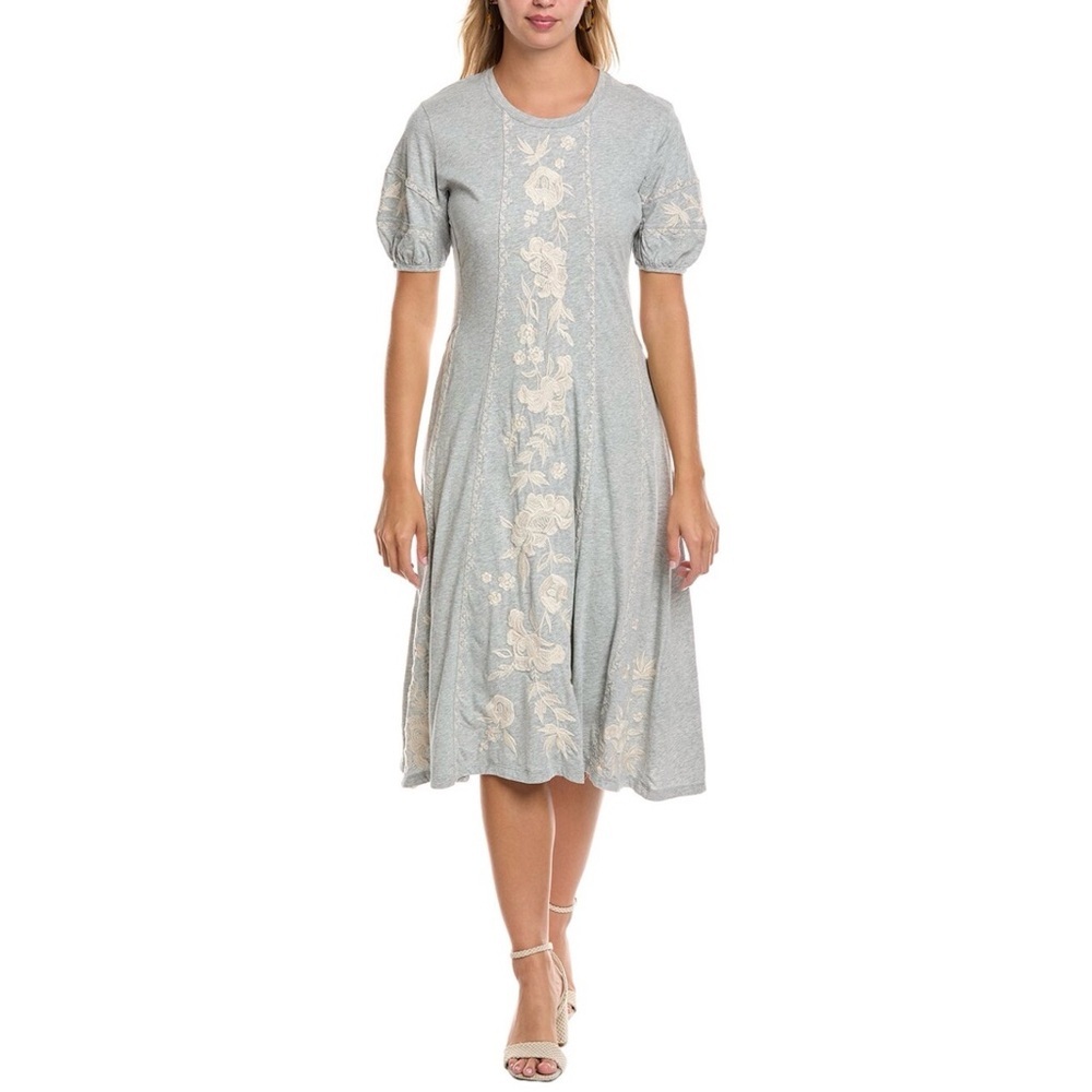 Johnny Was Gray Seamed Knit Midi Dress Embroidered Puff Sleeve M NWT